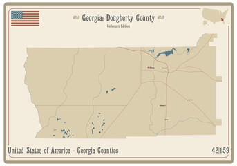 Map on an old playing card of Dougherty county in Georgia, USA.