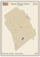Map on an old playing card of Effingham county in Georgia, USA.