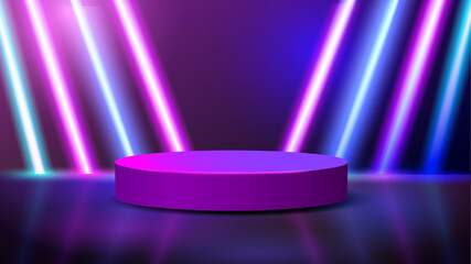Dark abstract room with blue and purple neon light, pedestal podium