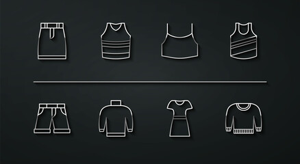 Set line Skirt, Short or pants, Undershirt, Woman dress, Sweater, and Female crop top icon. Vector