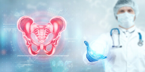 Doctor and Hologram, anterior ultrasound image of the male pelvis, sacrum. Anatomy, medicine, scientific concepts.