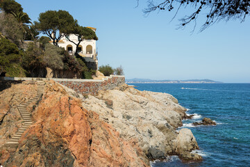 Famous spanish track - cami de ronda, by the mediterranean sea in Costa Brava, S Agaro, Catalonia,...