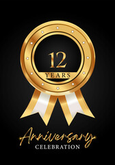 12 years anniversary celebration gold medal with ribbon vector. Poster Design for anniversary event party, wedding, birthday party, greetings and invitation card. Golden badges vector.