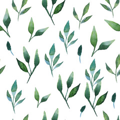 Seamless watercolor illustration of green leaves and branches, circles, on white or black background, suitable for wallpaper, cards, clothing, textiles, fabric, packaging, clothing, dress, invitations
