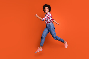 Fototapeta na wymiar Full length profile side photo of carefree lady jump high run fast discounts isolated shine color background