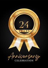 24 years anniversary celebration gold medal with ribbon vector. Poster Design for anniversary event party, wedding, birthday party, greetings and invitation card. Golden badges vector.