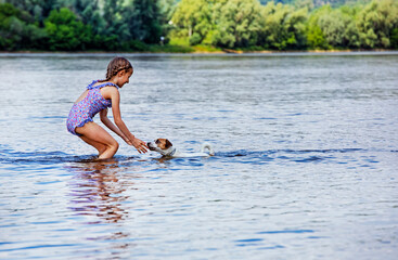 happy wet jack russell runs and plays with a little girl in the water on a sunny day. horizontal