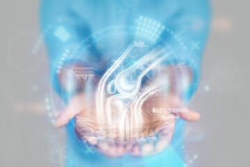 Medical concept, doctor's hands close-up. Ultrasound, x-ray of the knee joint, hologram. Medical...