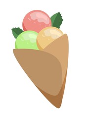 Colorful ice-cream in a waffle cone, pink, green and vanilla balls, isolated on white background