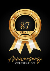 87 years anniversary celebration gold medal with ribbon vector. Poster Design for anniversary event party, wedding, birthday party, greetings and invitation card. Golden badges vector.