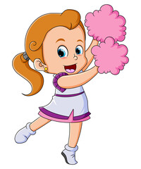 The cheerleader girl is dancing with the pompom in the hand