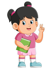 The little student girl is posing with giving a peace hand and holding the book