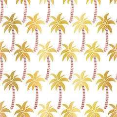 Fototapeta na wymiar Golden palm trees seamless vector background. Elegant faux metallic gold foil palm tree repeating pattern on white. Tropical botanical vector background hand drawn for fabric, wrap, summer decor.