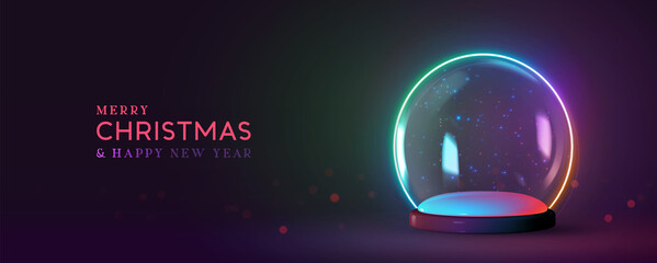 Christmas glowing glass winter snow balls in neon light. Realistic 3d design magical sphere transparent. Holiday decoration objects. Template podium studio. Xmas background. Vector illustration