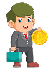 The office boy is bringing the bitcoin and his bag