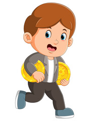 The boy is running quickly while holding two bitcoins