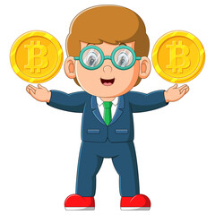 The office boy is very happy to have two big bitcoin on his hand