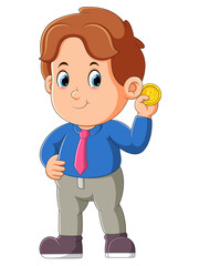 The employee man is investing with the one bitcoin