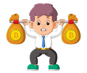 The man is lifting the two sack of bitcoins