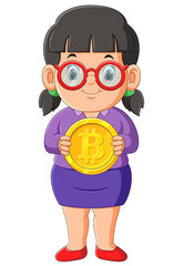 The little girl is holding and showing the golden bitcoin for saving
