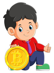 The man is sitting beside the bitcoins and giving the thumb up