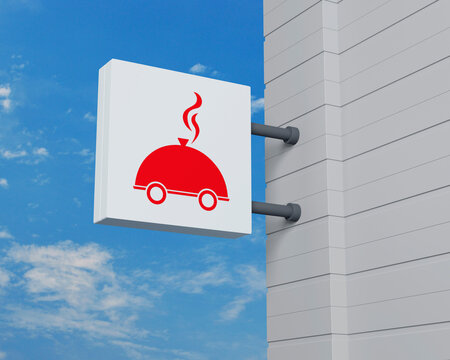 Restaurant cloche flat icon on hanging white square signboard over blue sky, Business food delivery online concept, 3D rendering