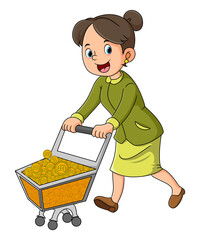 The mother is carrying trolley with full of bitcoins
