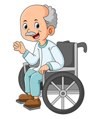 The grandfather is sitting on the wheelchair and hand waving