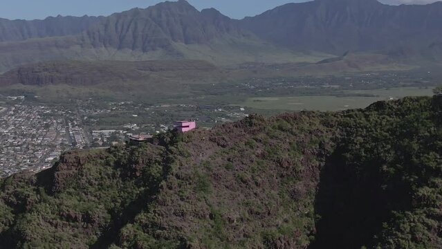 Aerial view of Pink pillbox on Oahu's westside on a sunny day