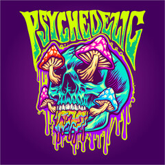Magic skull psychedelic mushrooms melting Trippy Colour Vector illustrations for your work Logo, mascot merchandise t-shirt, stickers and Label designs, poster, greeting cards advertising business 