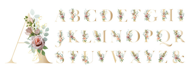 Floral Alphabet. Set letters with the botanical bouquet. Vector illustration. - 512284557