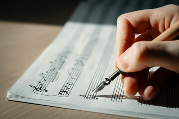 Sheet with notes and a woman's hand drawing notes with an ink pen, writing music, selective focus