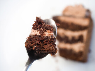 Sweet eating chocolate cake close up