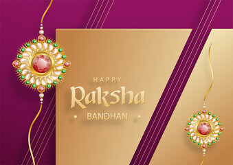 Happy Raksha Bandhan, the Indian festival, with Rakhi elements and crystal on color background