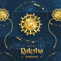 Happy Raksha Bandhan, the Indian festival, with Rakhi elements and crystal on color background