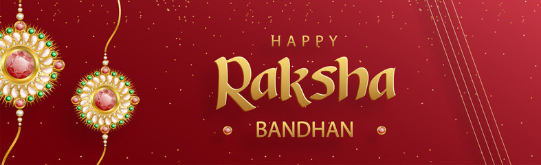 Happy Raksha Bandhan, the Indian festival, with Rakhi elements and crystal on color background