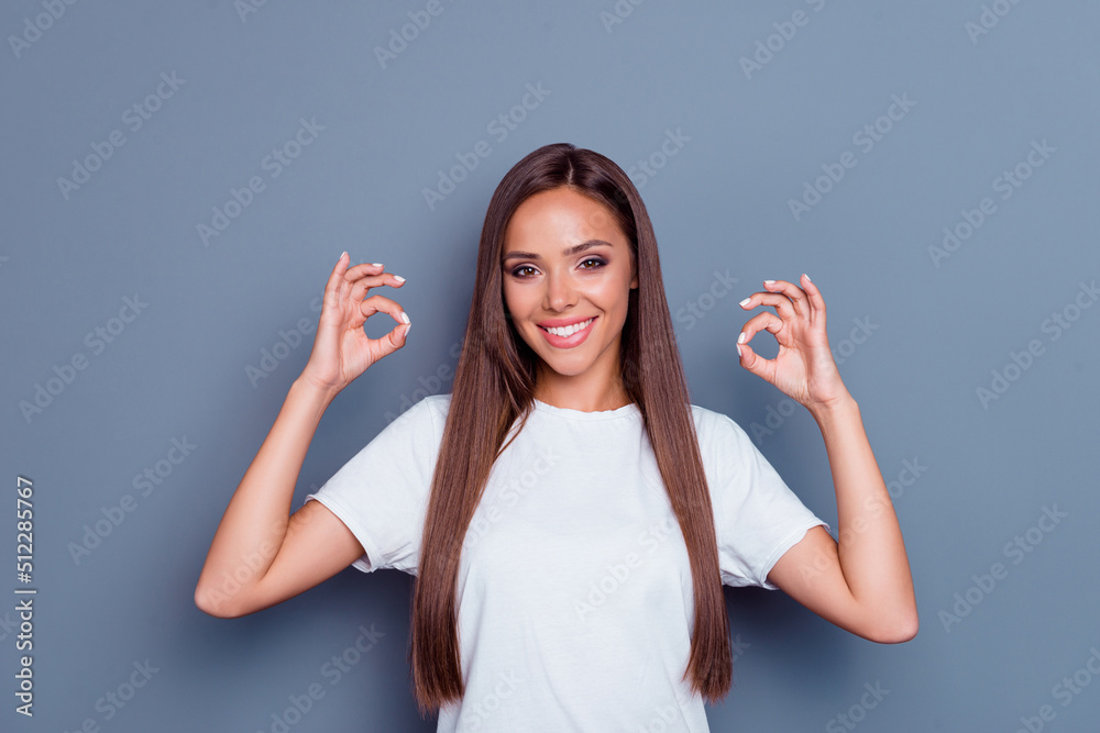 Canvas Prints Portrait of gorgeous cheerful young girl two hands fingers demonstrate okey symbol isolated on grey color background