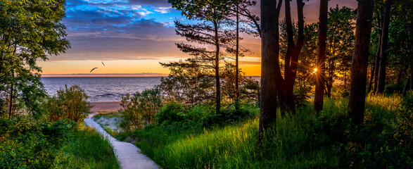Panorama. Footpath leading to sand beach of the Baltic Sea in Jurmala – famous tourist resort in Latvia.
Image depicts developing ecological tourism in Baltic region
 - obrazy, fototapety, plakaty