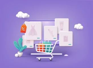 Foto op Plexiglas Online shopping. Design graphic elements, signs, symbols. Mobile marketing and digital marketing. 3D Web Vector Illustrations. © Olesia_g