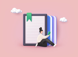 Open ebook on digital tablet screen for modern education and e-learning. 3D Web Vector Illustrations.