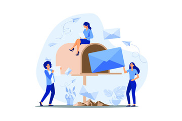 Tiny women getting mail from mailbox flat vector illustration. Cartoon people reading newsletter or social news. Marketing and mail service for business concept. flat design modern illustration.