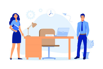 a concept of recruiting employees or members. Illustration of Human Resource Development or HRD staff examining personal identity information or curriculum vitae of applicants. flat style. vector