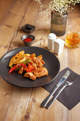 Gourmet meat meals assortment flat lay. Top view on restaurant table with menu of tasty grilled snacks. Concept for restaurant menu.