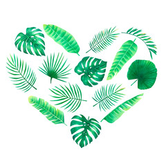 Fototapeta na wymiar Watercolor heart composition with palm tropical leaves greenery arrangement for design