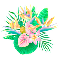 Watercolor tropical composition strelitzia anthurium plumeria palm leaves and pineapple bouquet