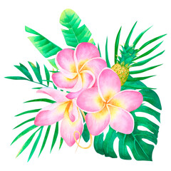 Watercolor tropical plumeria bouquet frangipani composition with palm leaves and pineapple on white background