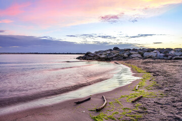 beautiful colorful sky after sunset, beach and Baltic Sea