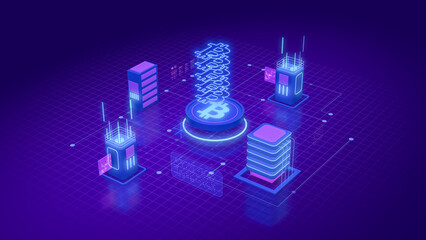 stylized illustration, cpu with computer server and a bitcoin, concept of cryptocurrency mining, online trading (3d render)