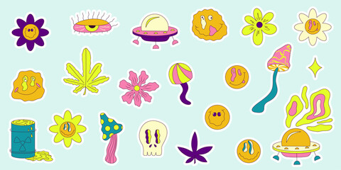 Trippy smile sticker set in pop art y2k style on colorful background. Yellow emoji. Cartoon vector illustration. Hipster trippy smile, flower, ufo nd cannabis sticker.