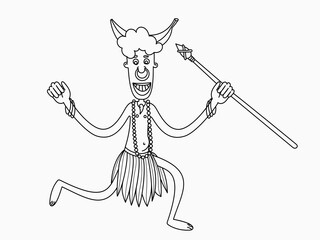 A native with a spear and a banana in his hair. Vector contour drawing. © d_odin